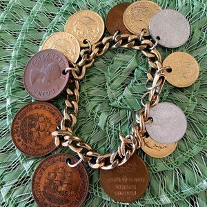 Vintage 1950’s -1960s European Queen Elizabeth II 12 COIN Charm Bracelet